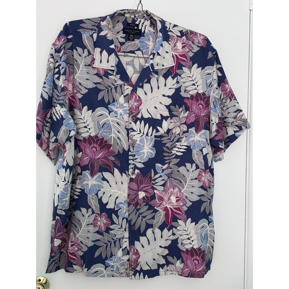 Pronto Uomo XXL Silk Blend Tropical Floral Shirt Navy Blue Purple Classic Fit